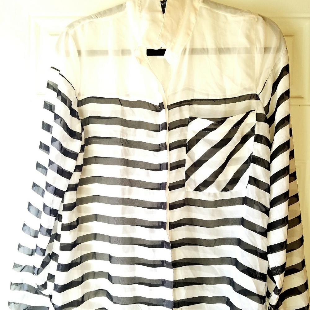 Long Sleeve Sheer Black & White Blouse